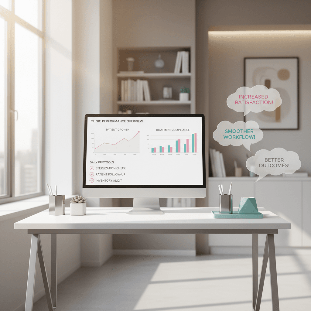 Modern dental clinic workspace with digital dashboard, stationery, and testimonial bubbles.