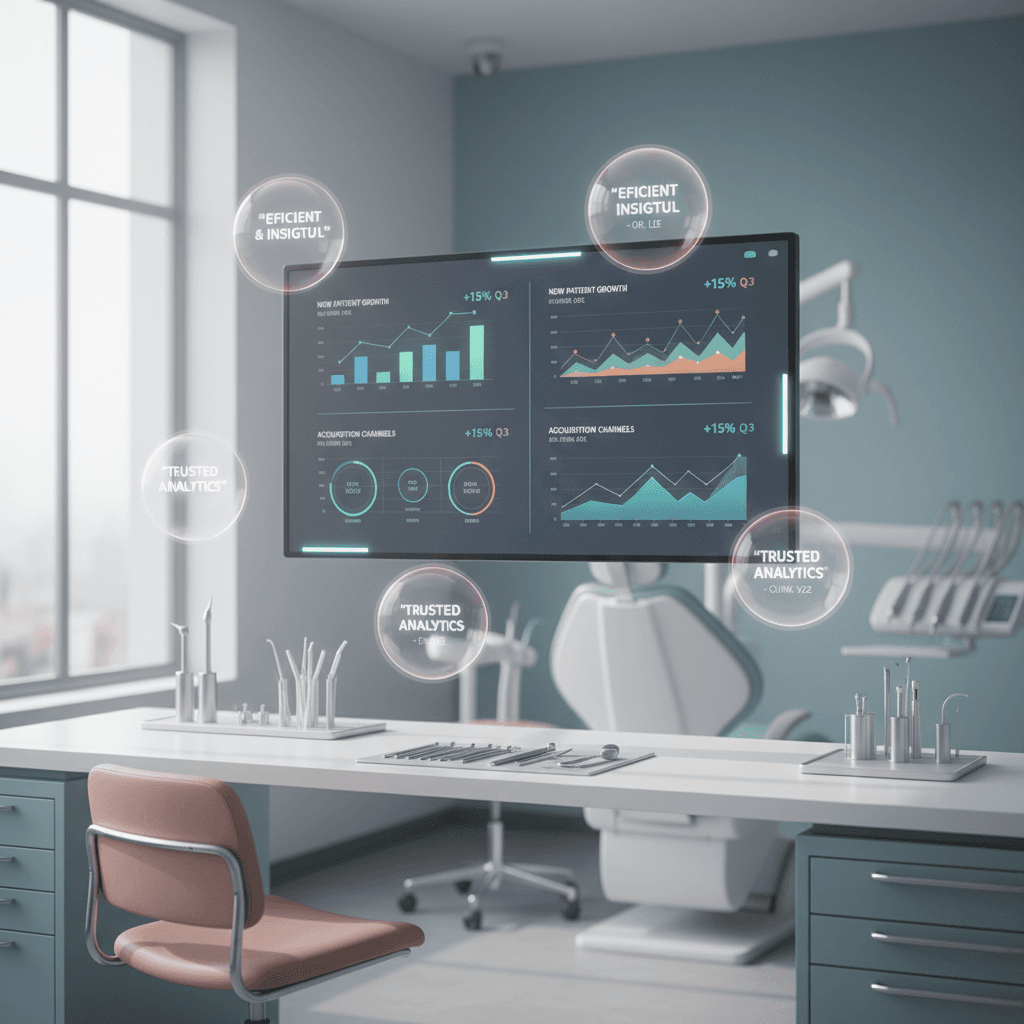 Modern dental clinic workspace with digital dashboard, ergonomic chairs, dental instruments, and treatment room.