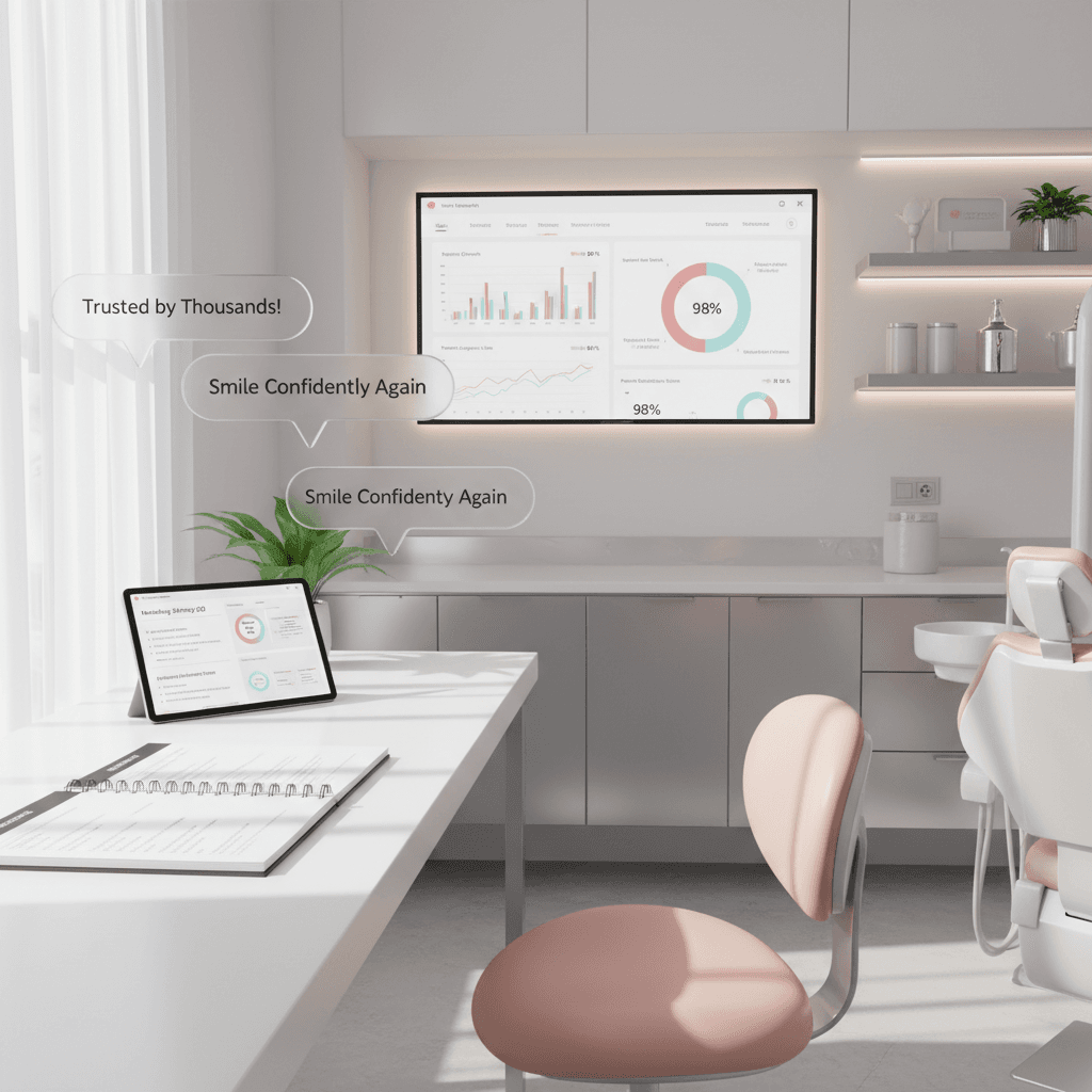 Modern dental clinic workspace with digital dashboard, notebooks, tablet, and floating testimonial bubbles.
