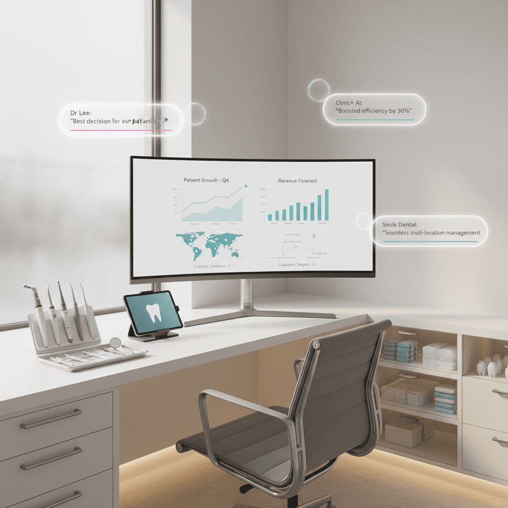 Modern dental clinic workspace with digital dashboard, dental tools, and floating testimonial bubbles.