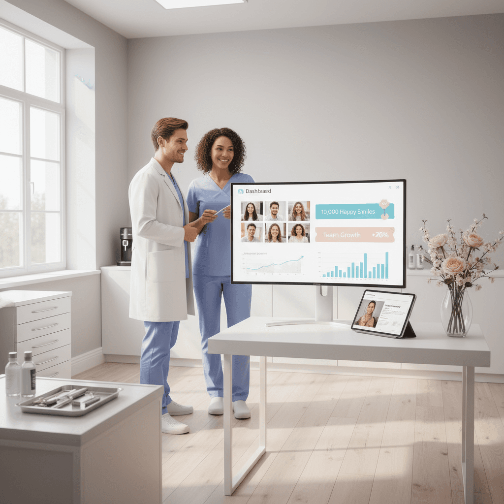 Modern dental clinic workspace with digital dashboard, tablet, floral accents, and warm lighting.