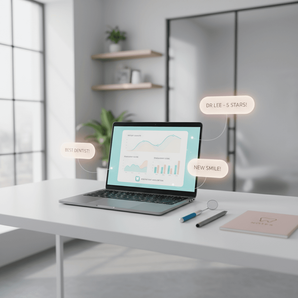 Modern dental clinic workspace with laptop, dental tools, notepad, and floating testimonial bubbles.