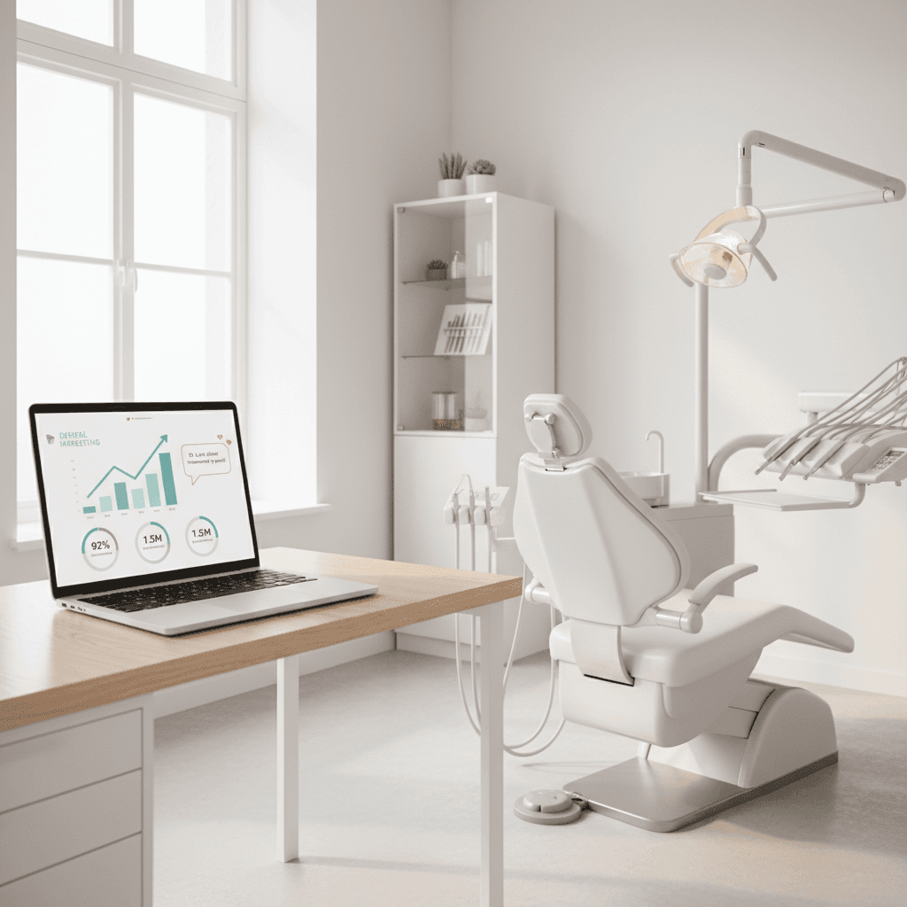 Modern dental clinic workspace with laptop displaying marketing dashboard and dental chair.