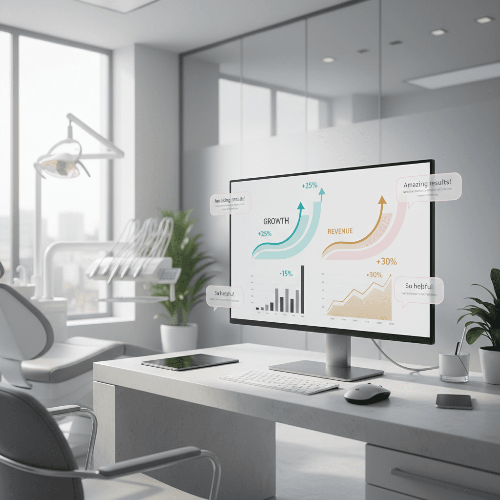 Modern dental clinic workspace with monitor displaying growth charts and testimonial bubbles.