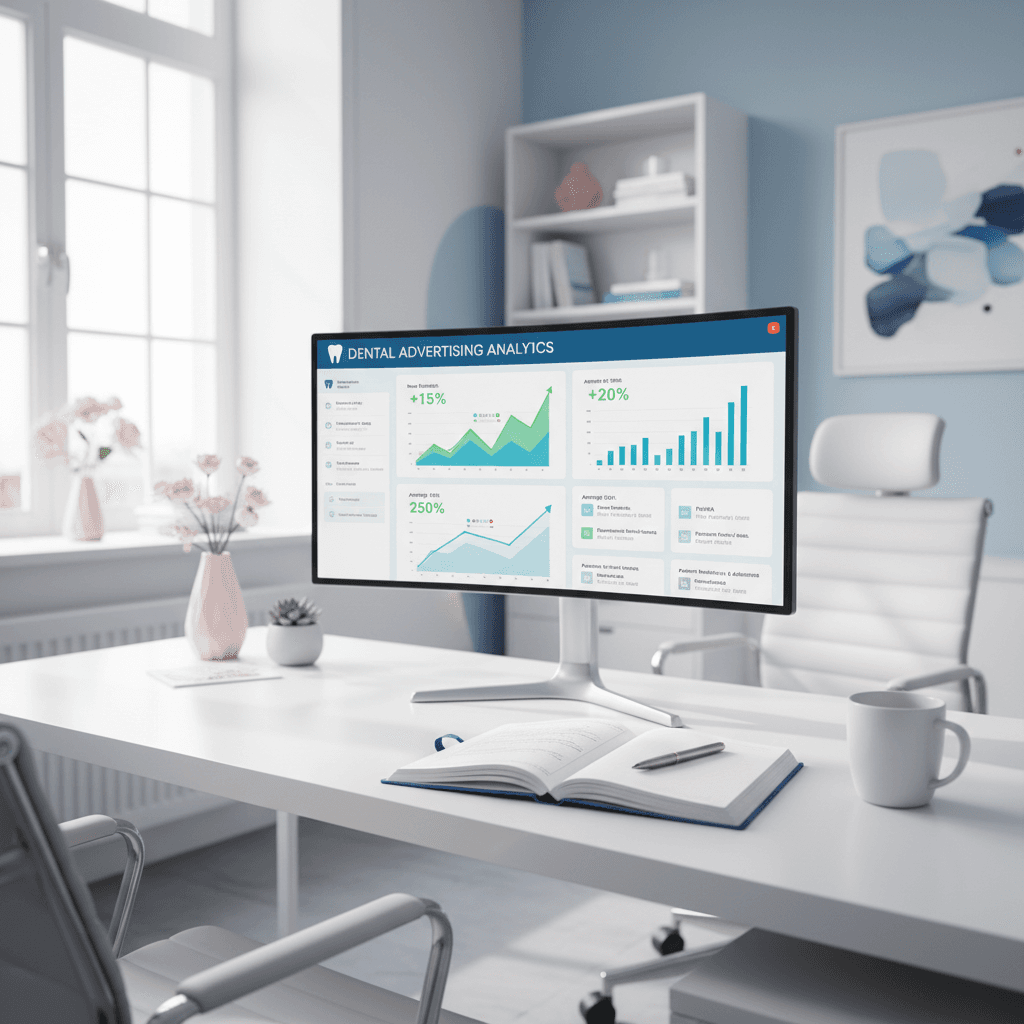 Modern dental clinic workspace with monitor showing dental PPC dashboard and handwritten notes.