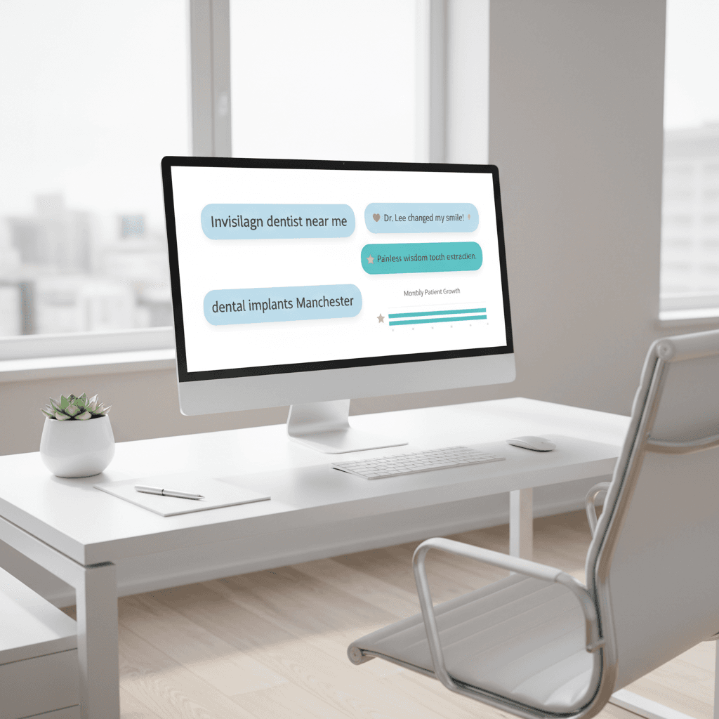 Modern dental clinic workspace with PPC dashboard, testimonials, and growth charts in clinical tones.