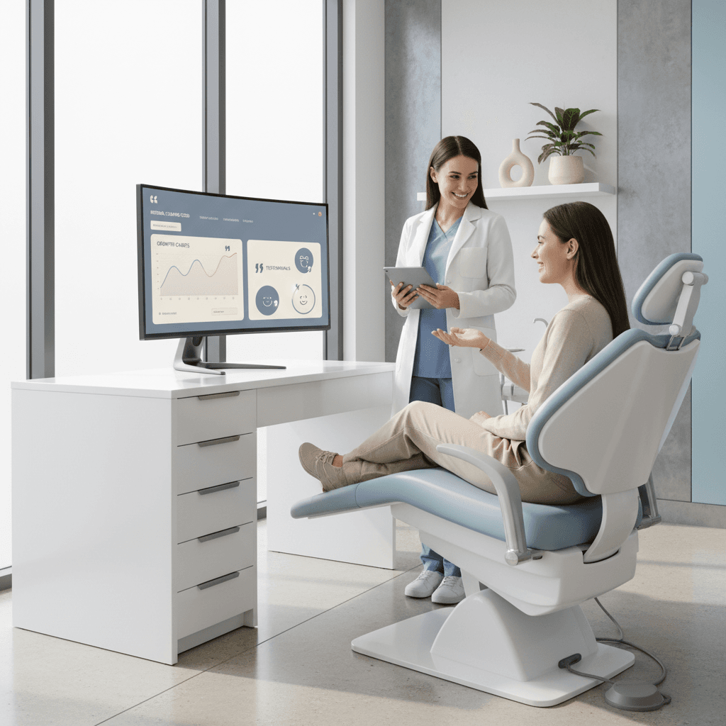Modern dental clinic workspace with staff, patient, monitor, and warm, clinical decor.