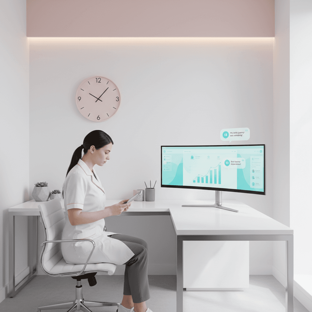 Modern dental clinic workspace with staff reviewing digital social media analytics and notes.