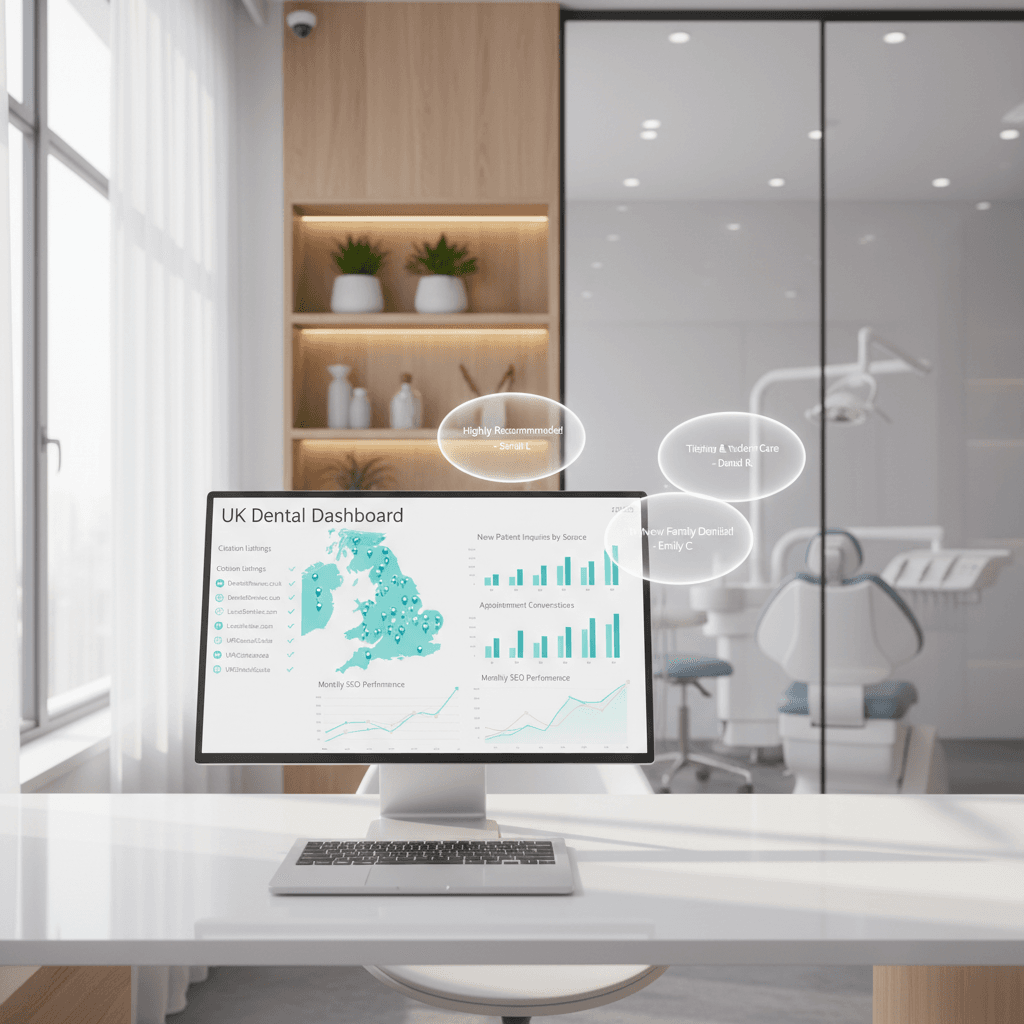 Modern dental dashboard on laptop in bright, clinical treatment room with testimonial bubbles