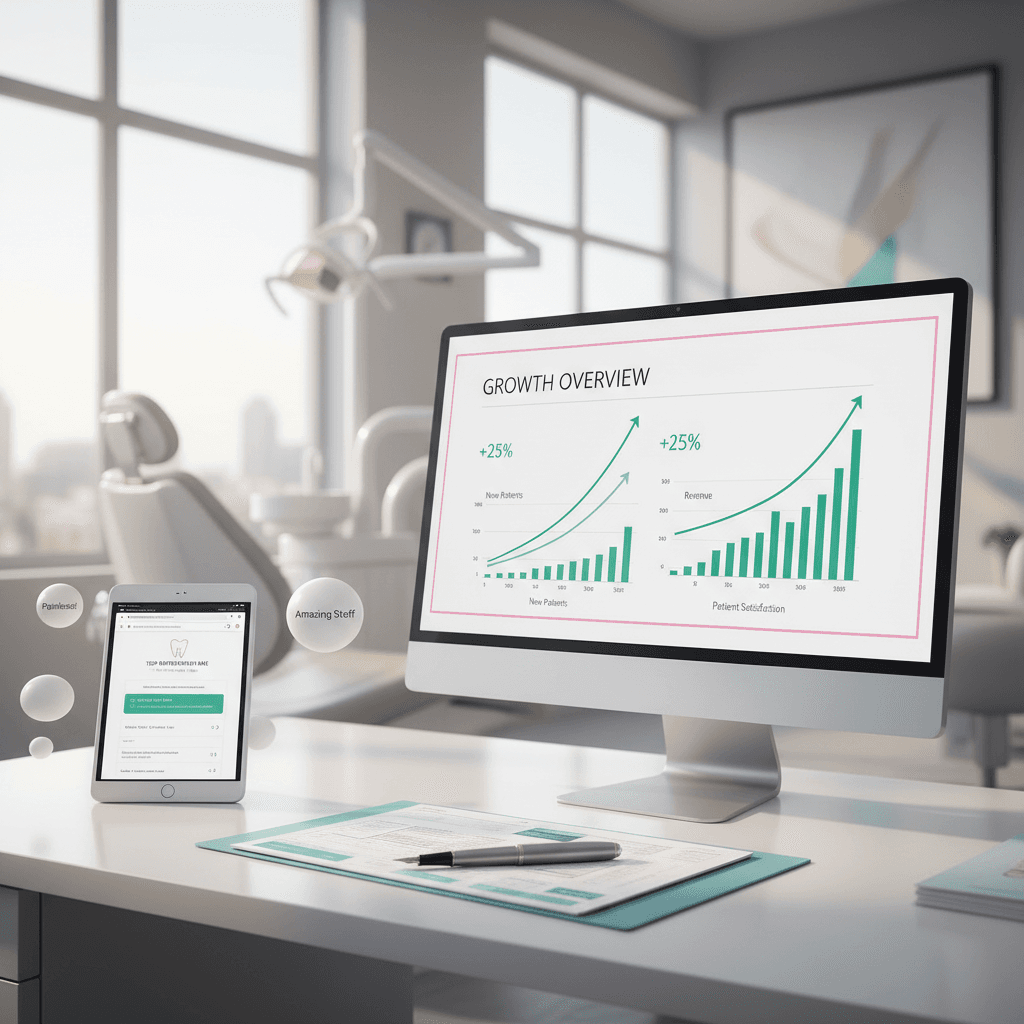 Modern dental office with digital dashboard, tablet, testimonial bubbles, and documents.