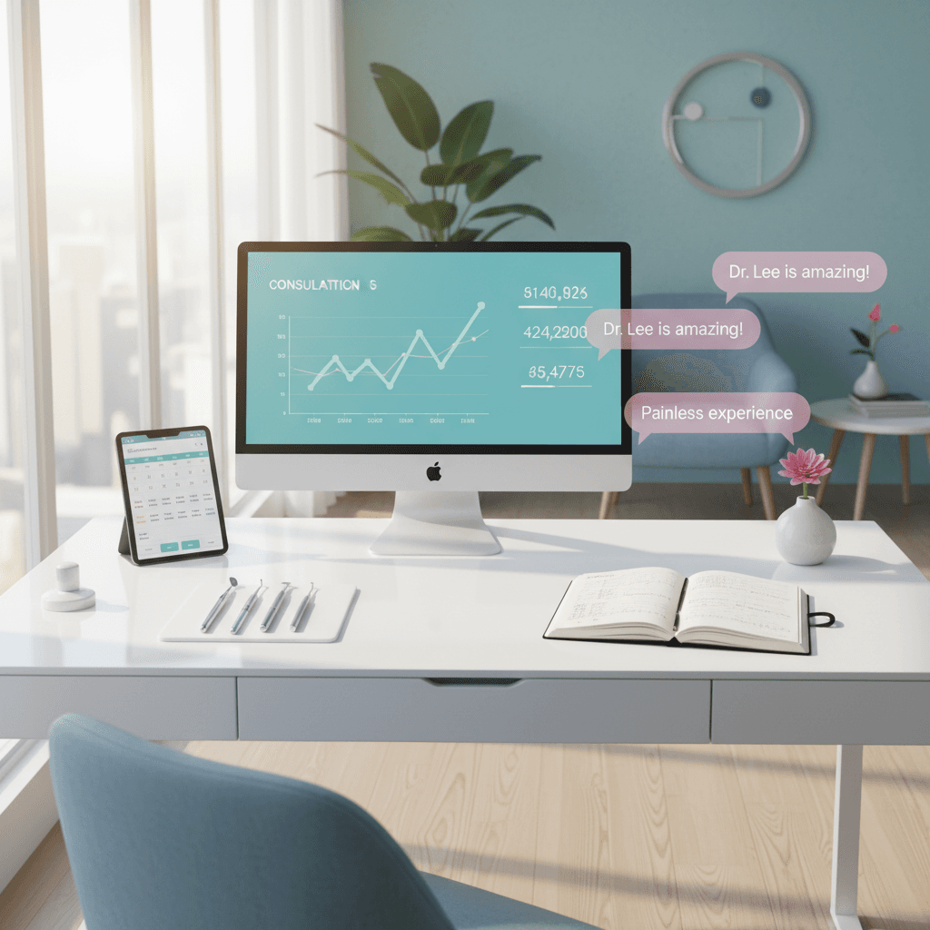 Modern dental office with digital tools, notes, and dental equipment in bright, calming environment.