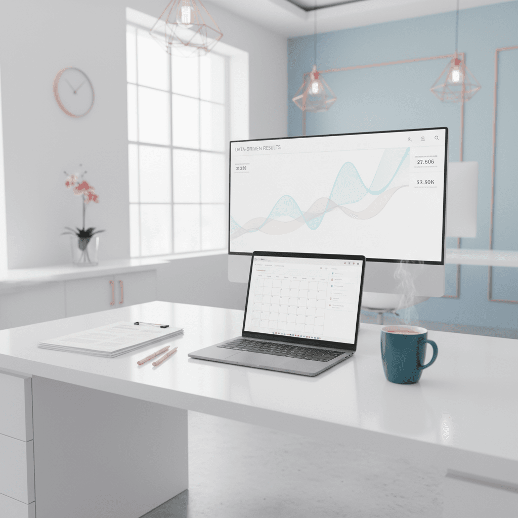 Modern dental office with digital workspace, documents, pink pens, and teal coffee on white desk