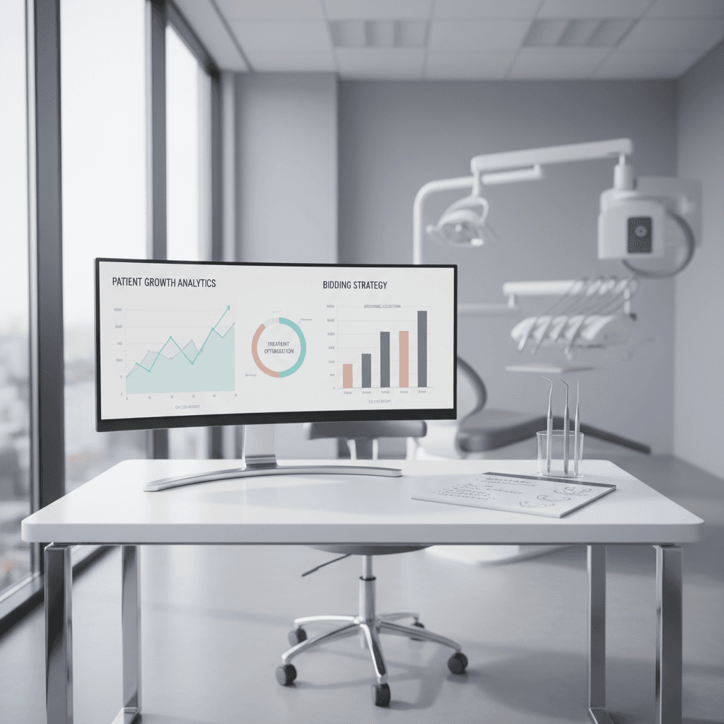 Modern dental office with digital workspace, growth charts, notes, and dental tools in bright light.