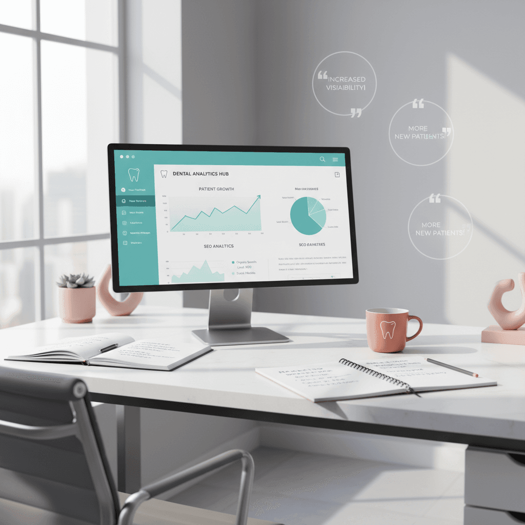 Modern dental office workspace with computer displaying SEO analytics, notebooks, coffee, and testimonial bubbles.