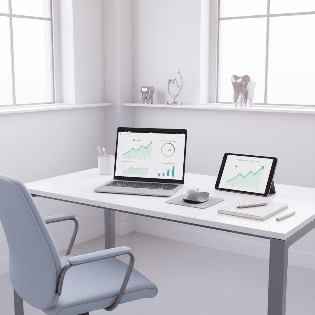 Modern dental office workspace with laptop displaying marketing dashboards and growth metrics.