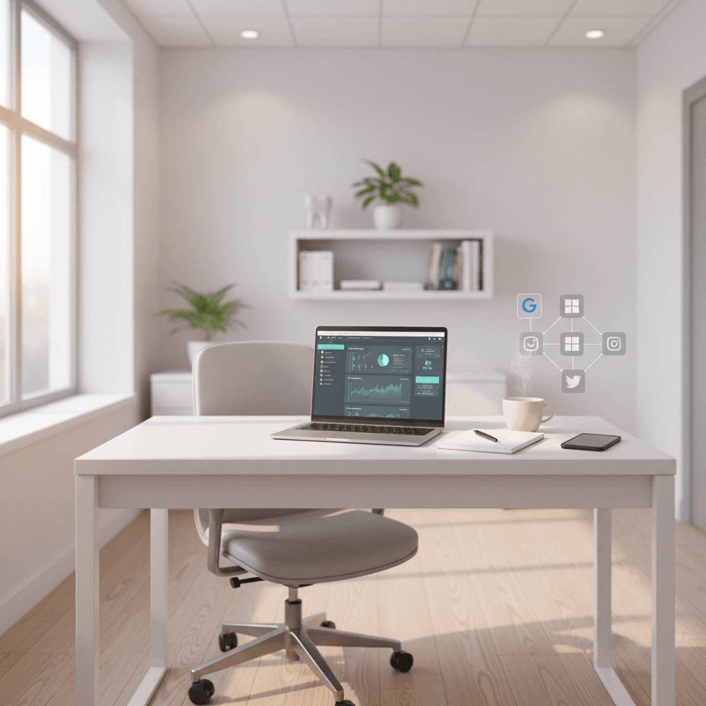 Modern dental office workspace with laptop, notebook, coffee, and smartphone displaying digital metrics.