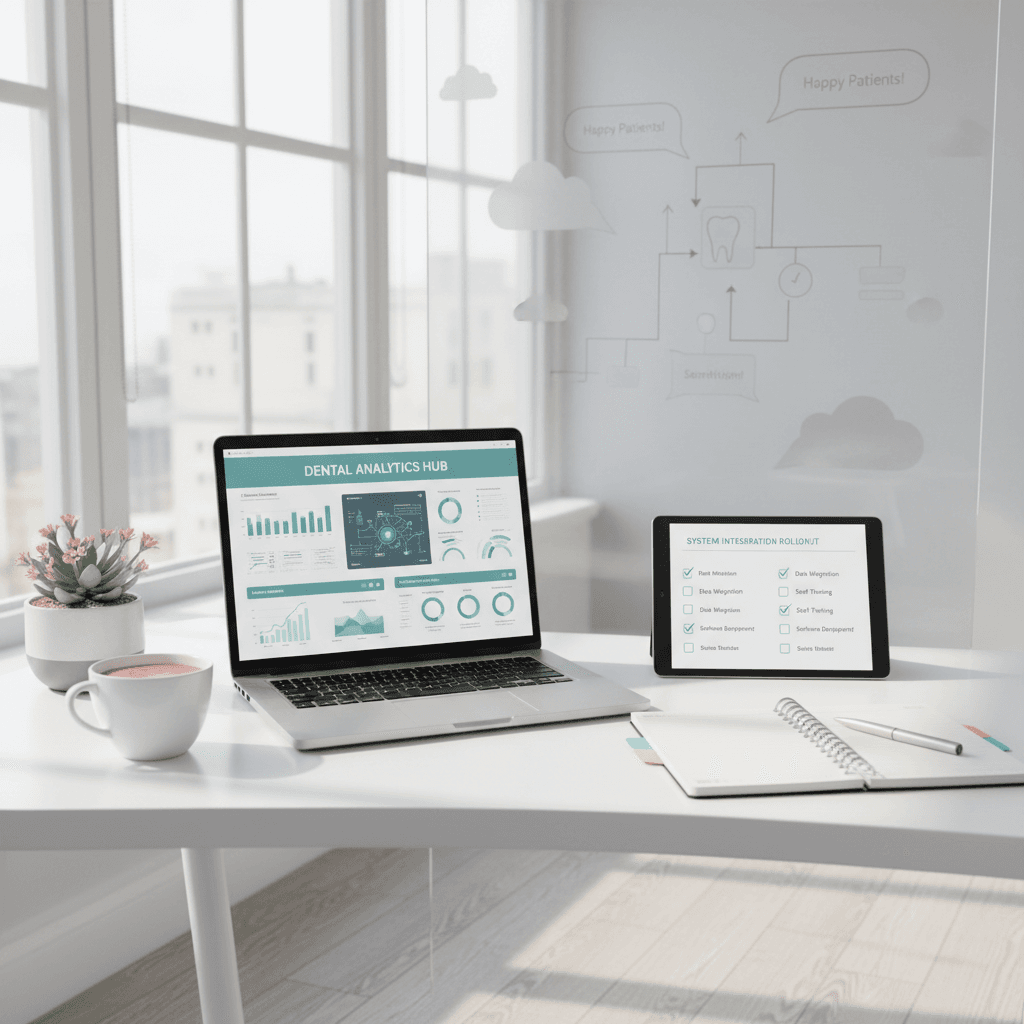 Modern dental office workspace with laptop, planner, tablet, plant, coffee, and whiteboard.