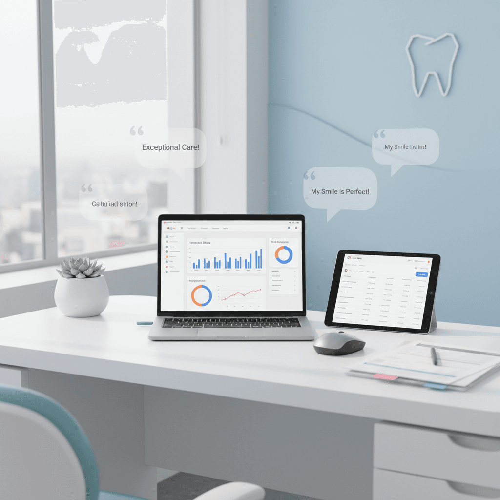 Modern dental office workspace with laptop, tablet, and digital marketing dashboards in natural light.