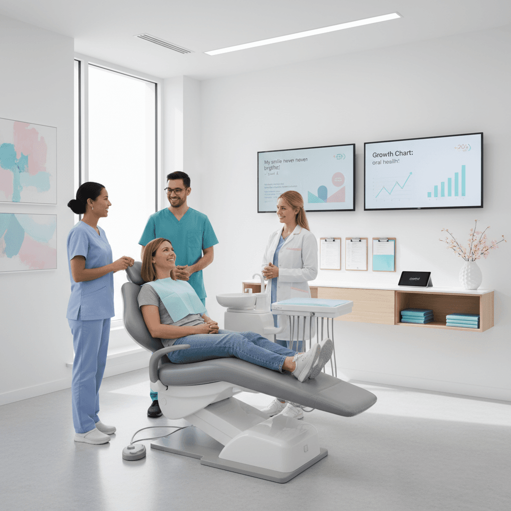 Modern dental team warmly interacts with patient in bright, organized clinic with subtle brand colors.