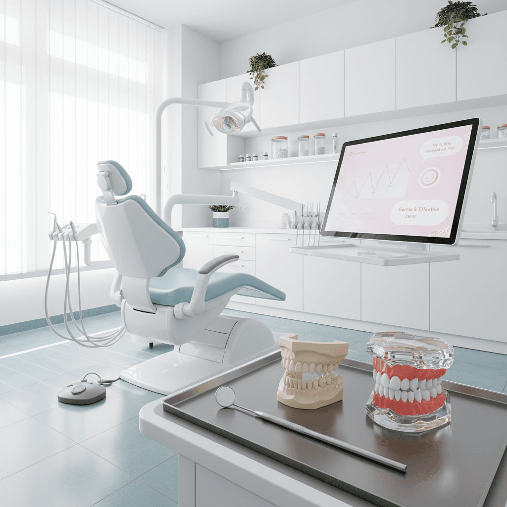Modern dental treatment room with chair, digital dashboard, jawbone model, teeth, and tools.