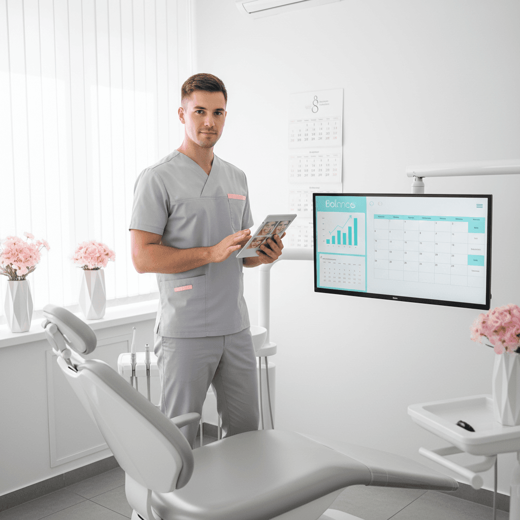 Modern dental treatment room with dentist reviewing patient photos and digital dashboard displays.