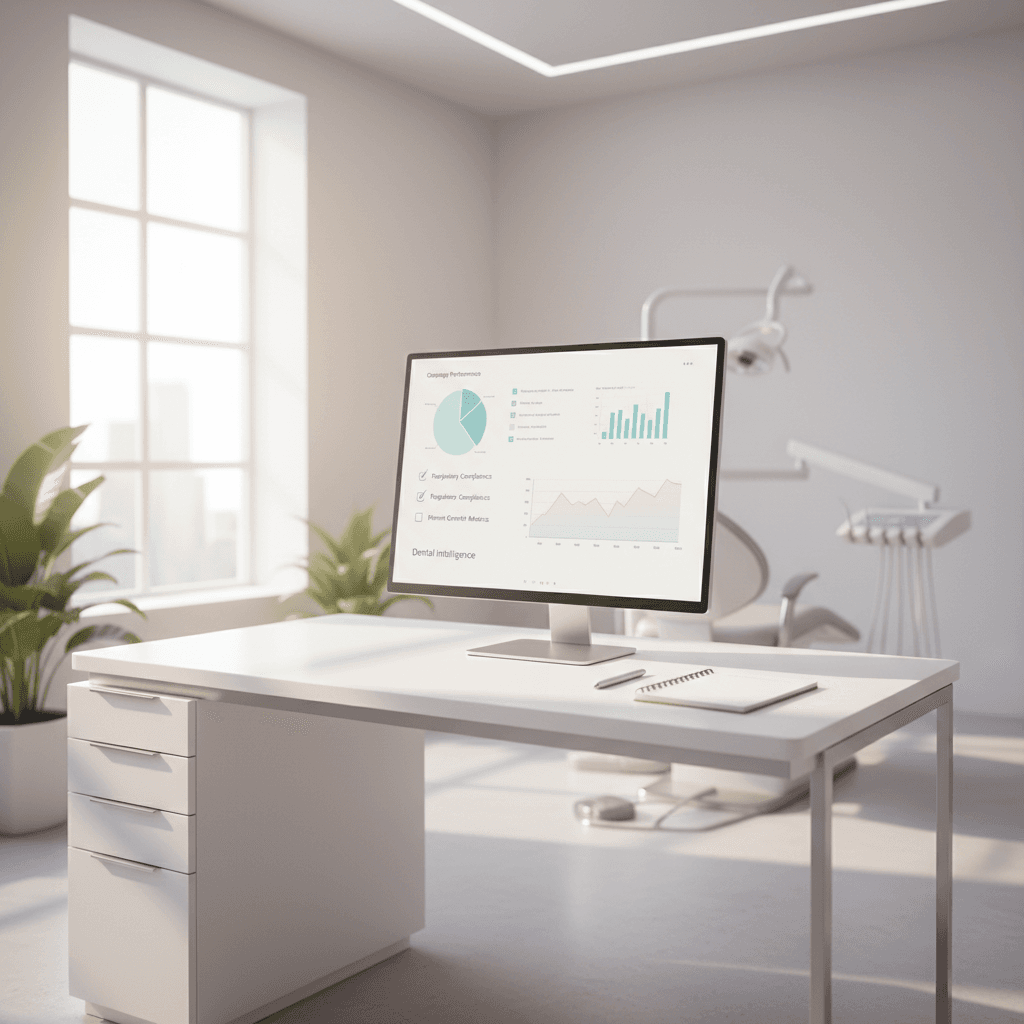Modern dental treatment room with digital dashboard, notepad, and stylus on sleek desk.