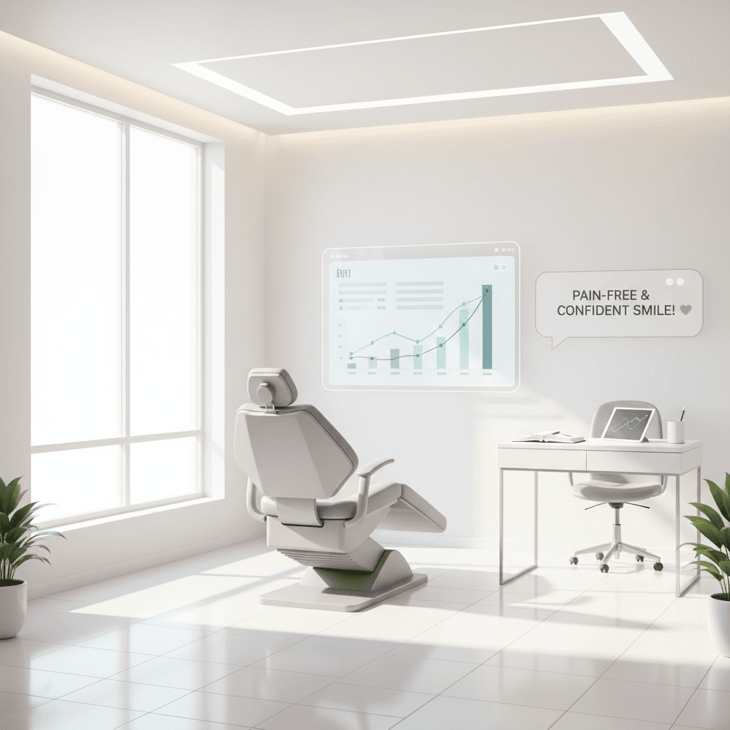 Modern dental treatment room with digital dashboard, testimonial bubble, white surfaces, and warm accents.