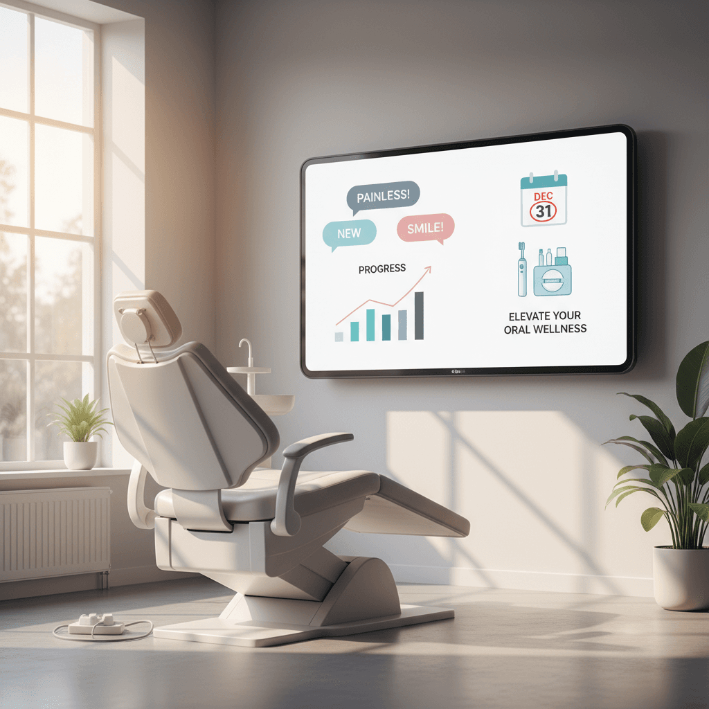 Modern dental treatment room with digital dashboard, calendar, and home care kit in warm lighting.