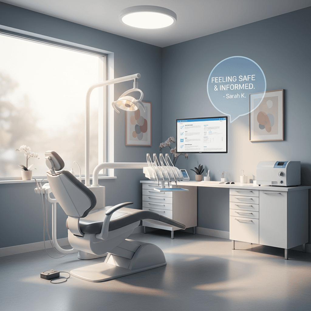 Modern dental treatment room with digital tablet, testimonial bubble, and organized workstation.