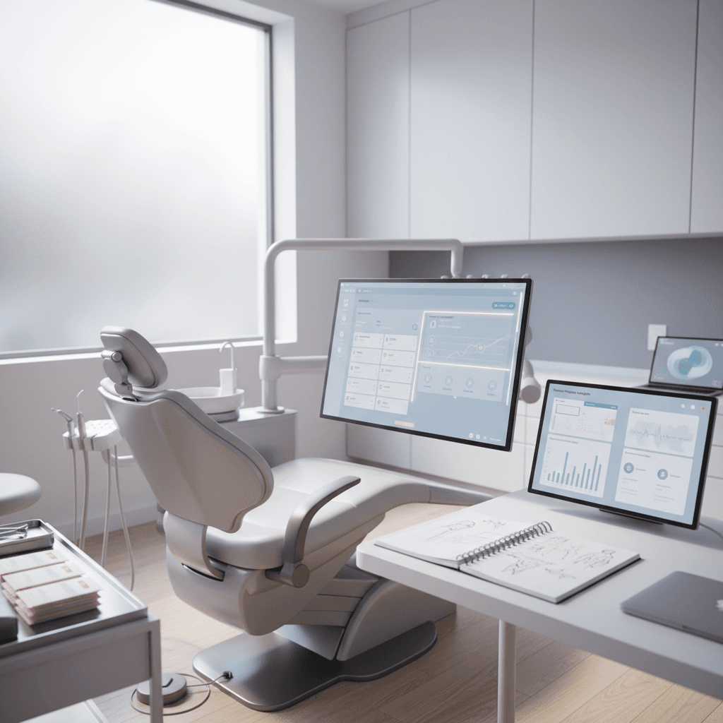 Modern dental treatment room with digital workspace, charts, notes, and calming dental chair in natural light.