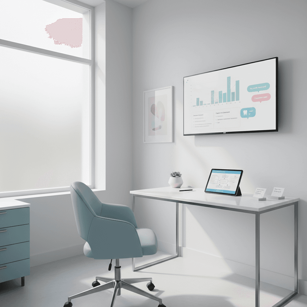 Modern dental treatment room with digital workspace, growth charts, and calm, clinical environment.
