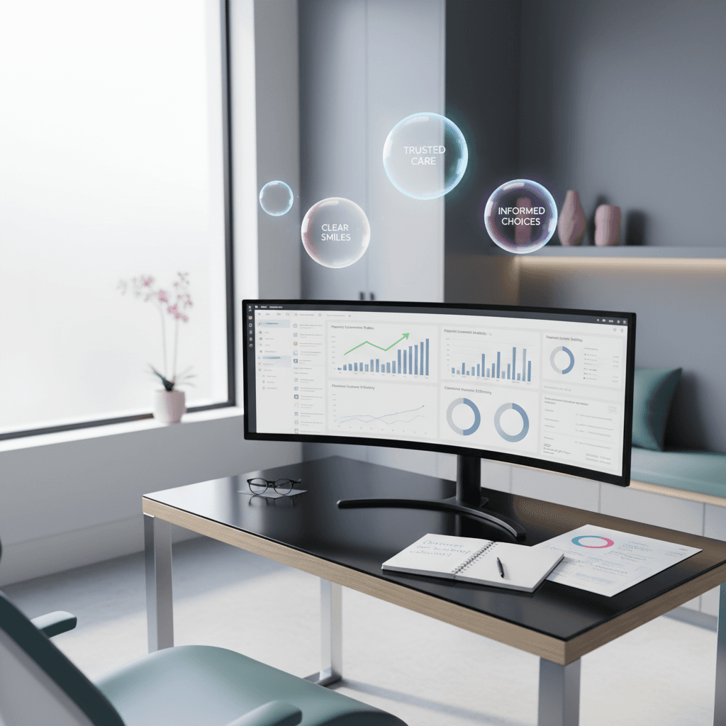 Modern dental workspace with charts, notebooks, printouts, and glowing testimonial bubbles.