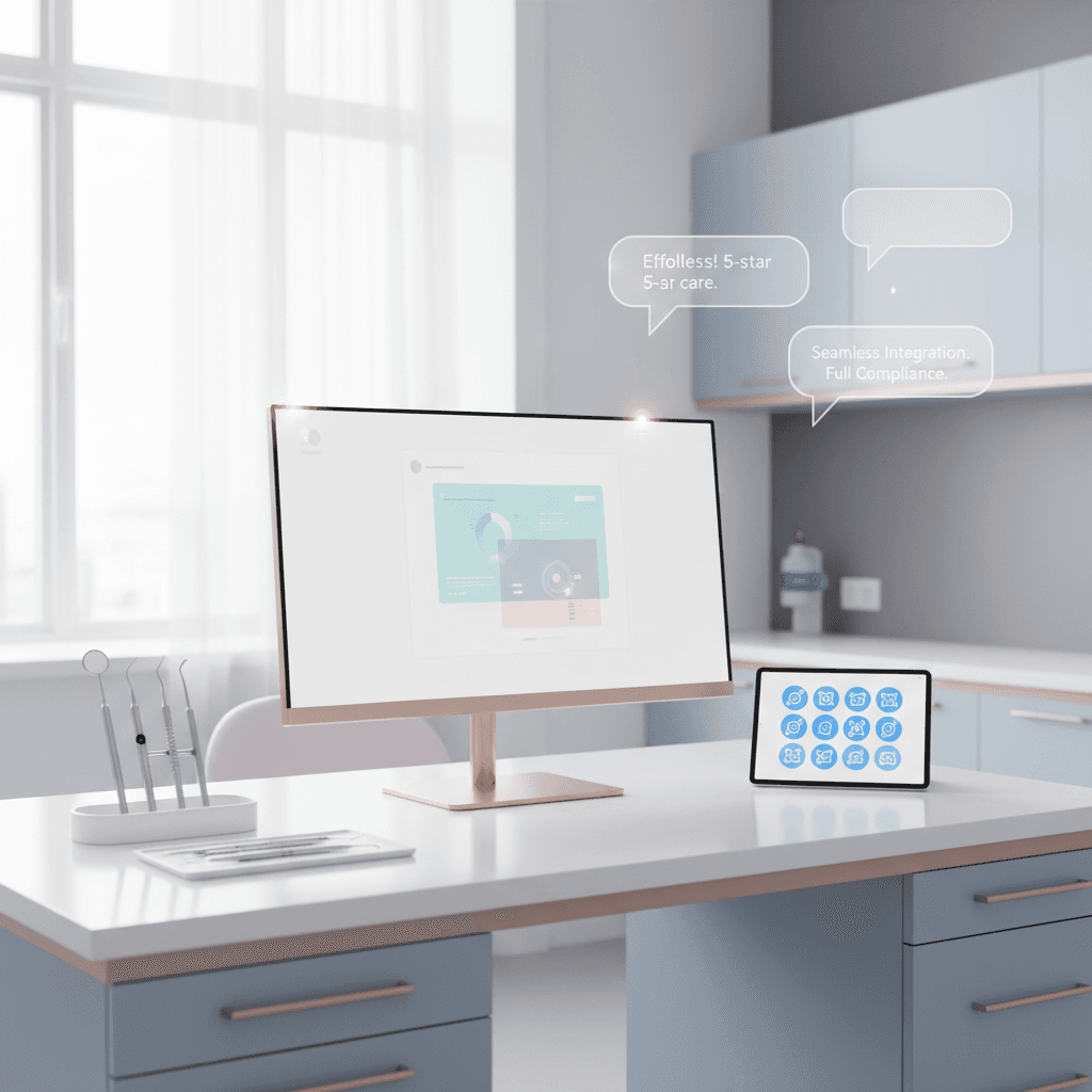 Modern dental workspace with computer, dental tools, tablet, and floating testimonial bubbles.