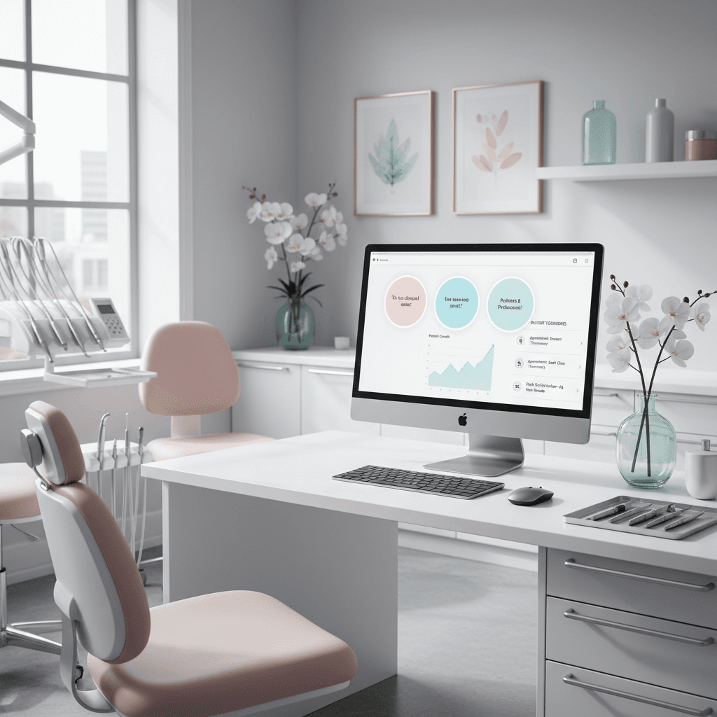 Modern dental workspace with computer displaying dashboard, testimonial bubbles, growth charts, and organized patient info.