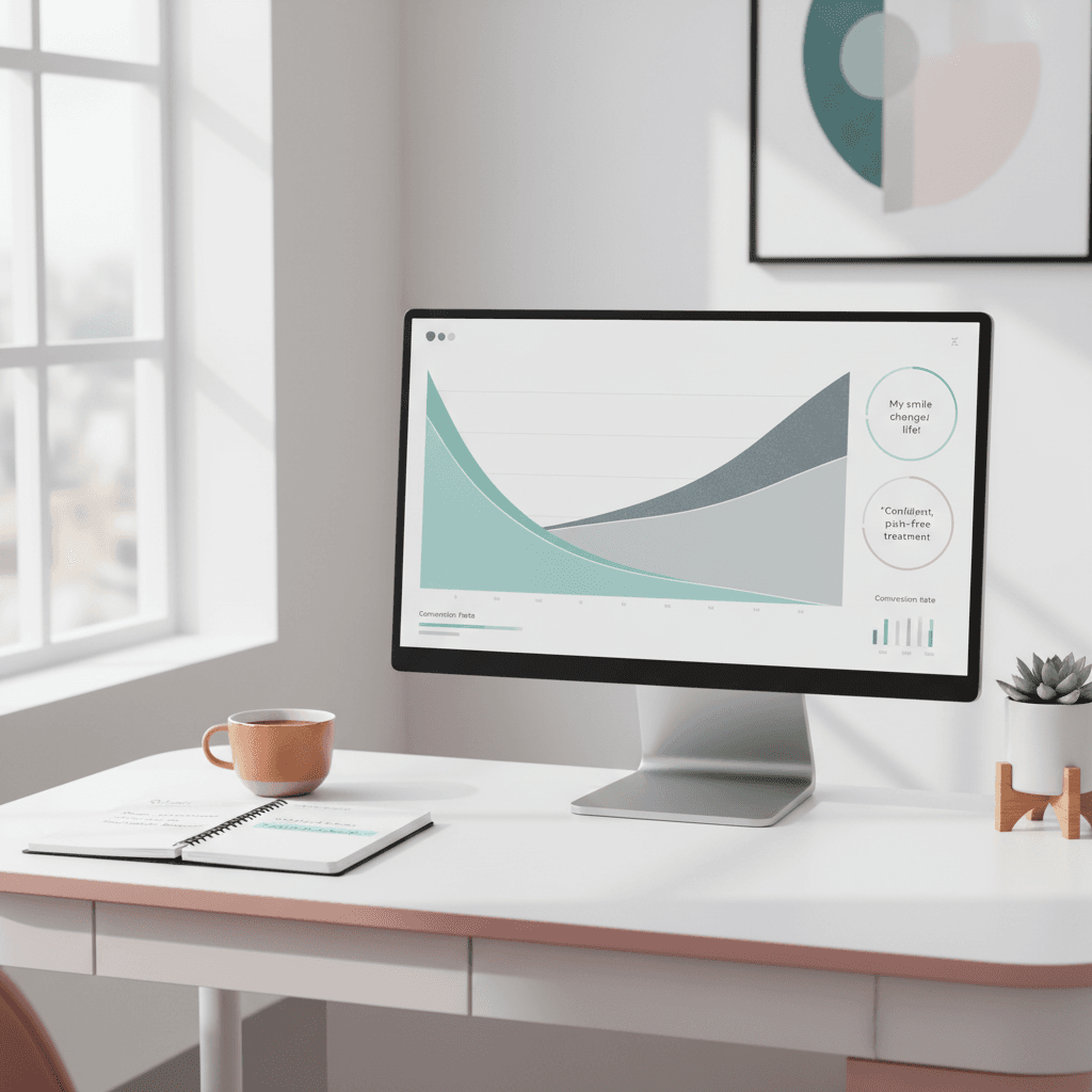 Modern dental workspace with computer displaying growth charts, planner, and coffee cup in bright, minimal setting.
