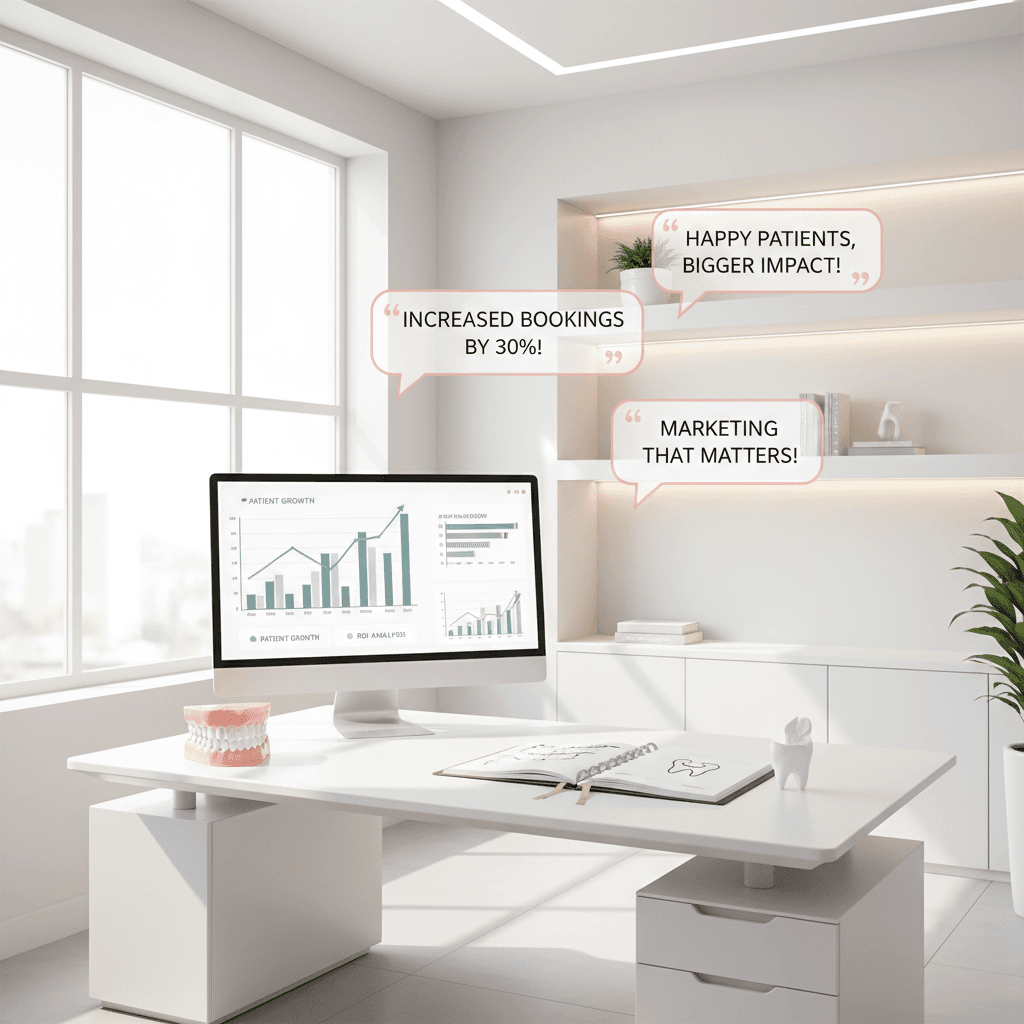 Modern dental workspace with computer displaying growth charts, dental model, notebooks, and testimonial bubbles.