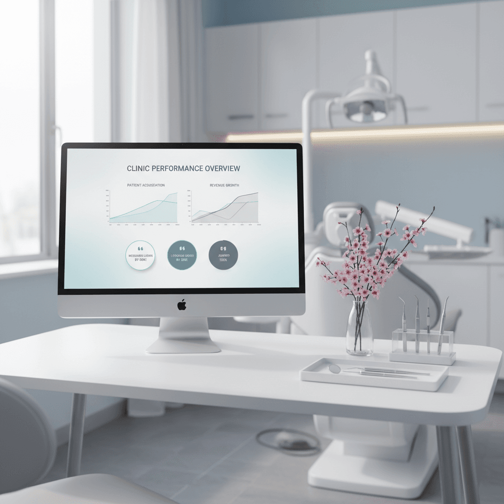 Modern dental workspace with computer displaying growth charts, surrounded by clean treatment area and tools.