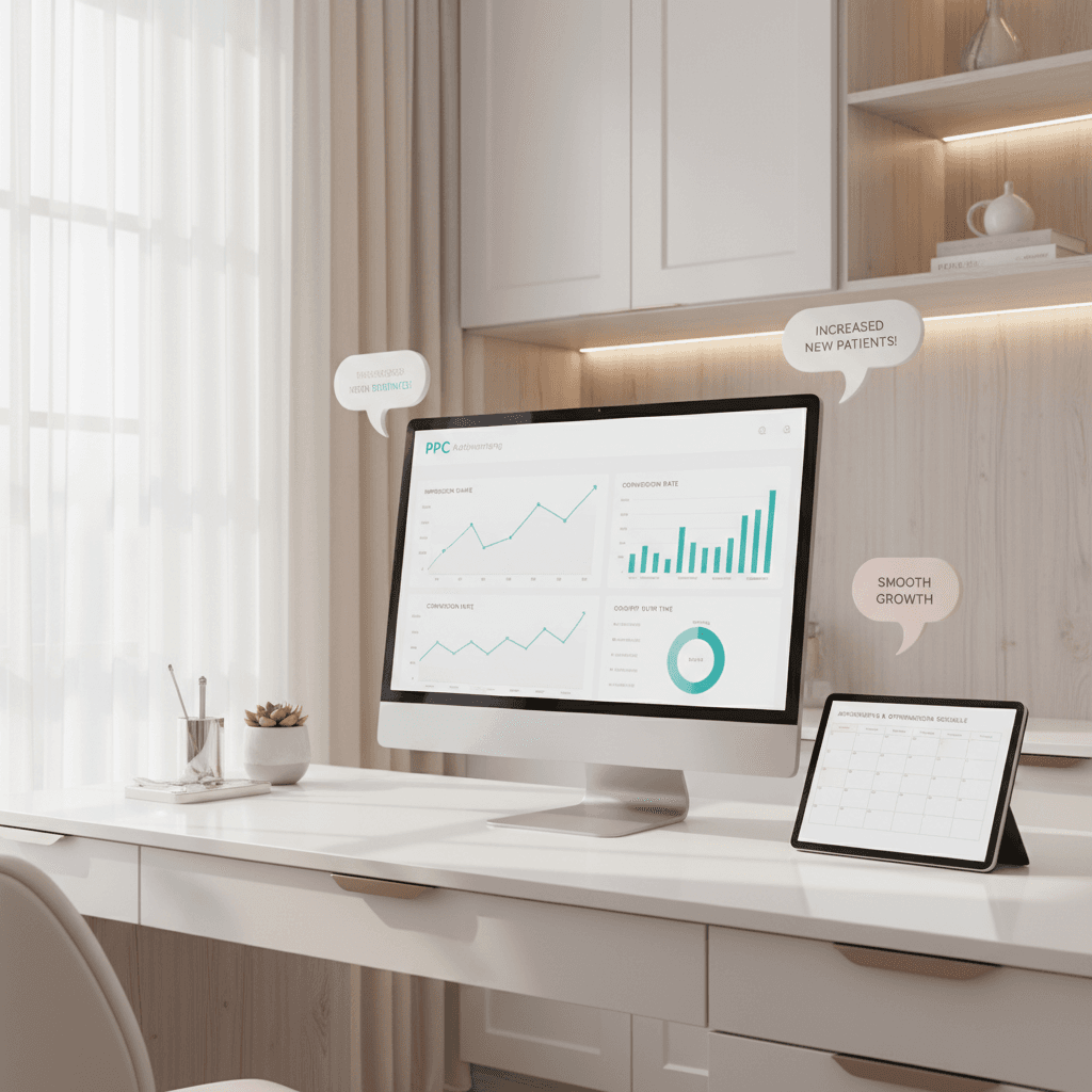Modern dental workspace with computer displaying PPC dashboard