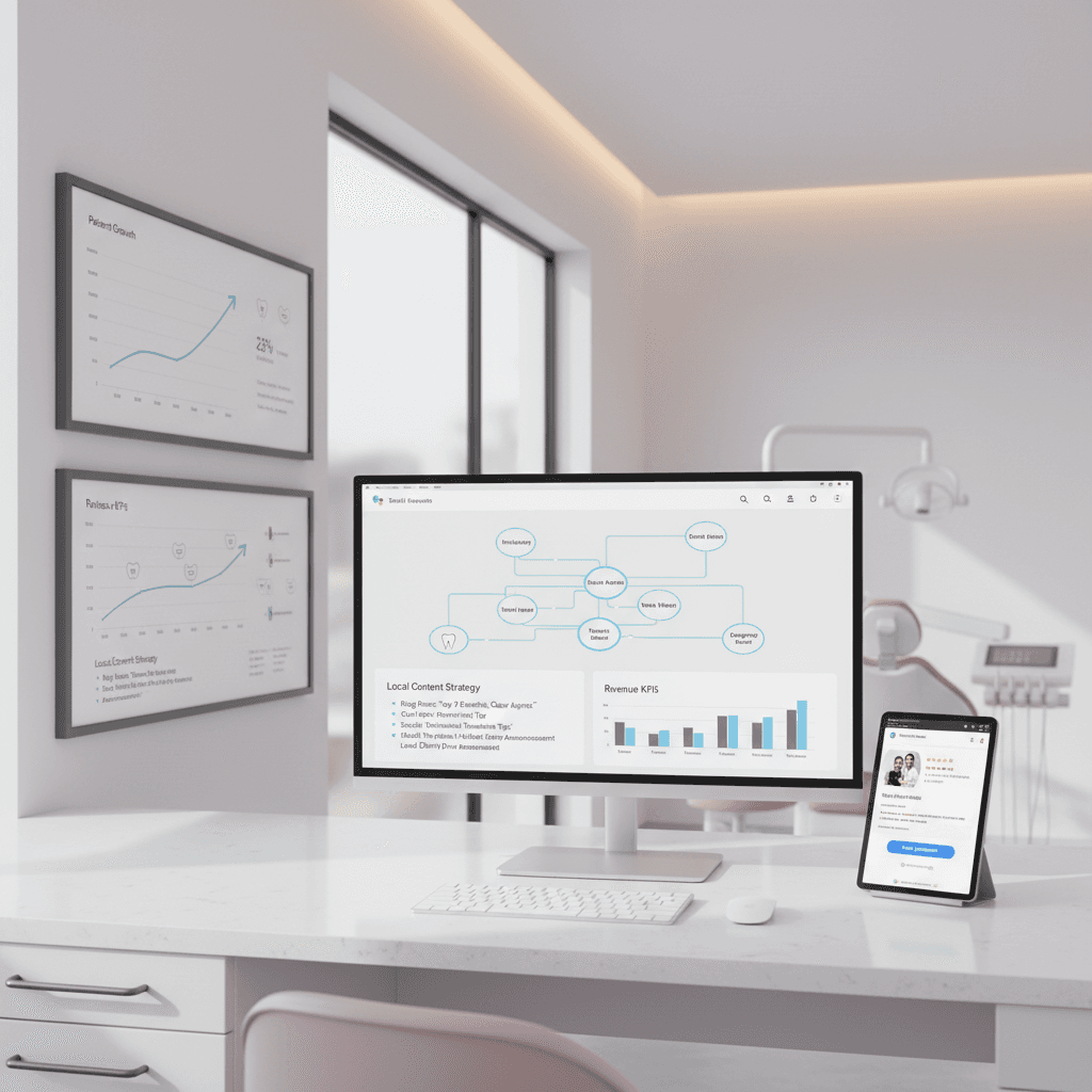 Modern dental workspace with dashboard, charts, and Google Business Profile interface.