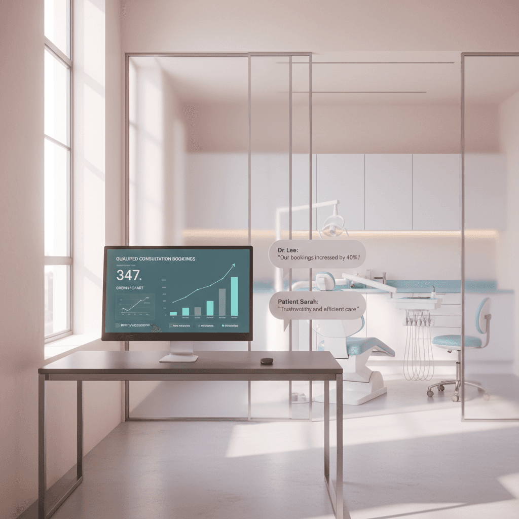Modern dental workspace with dashboard, growth charts, testimonial bubbles, and clean treatment room.