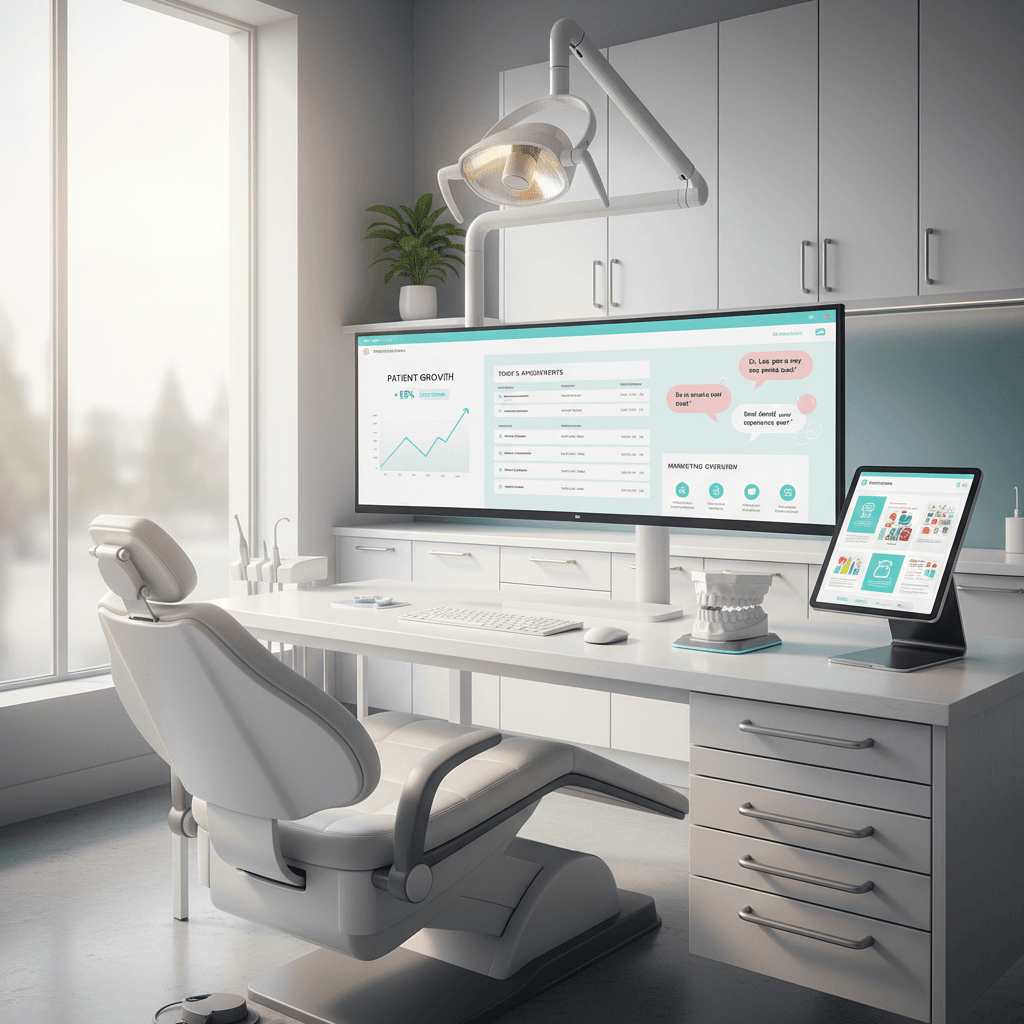 Modern dental workspace with dashboard, growth charts, and testimonials in bright, clinical tones.