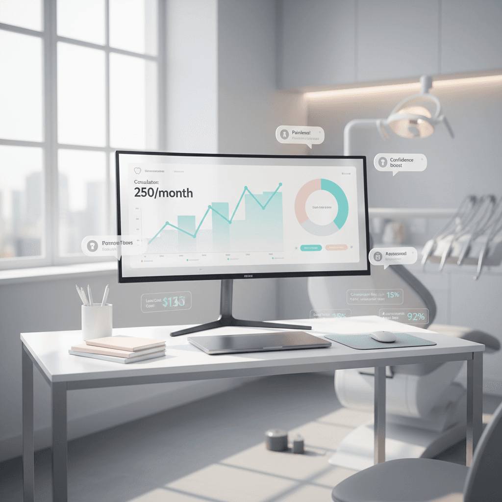 Modern dental workspace with dashboard, testimonial bubbles, and clinical, clean design.