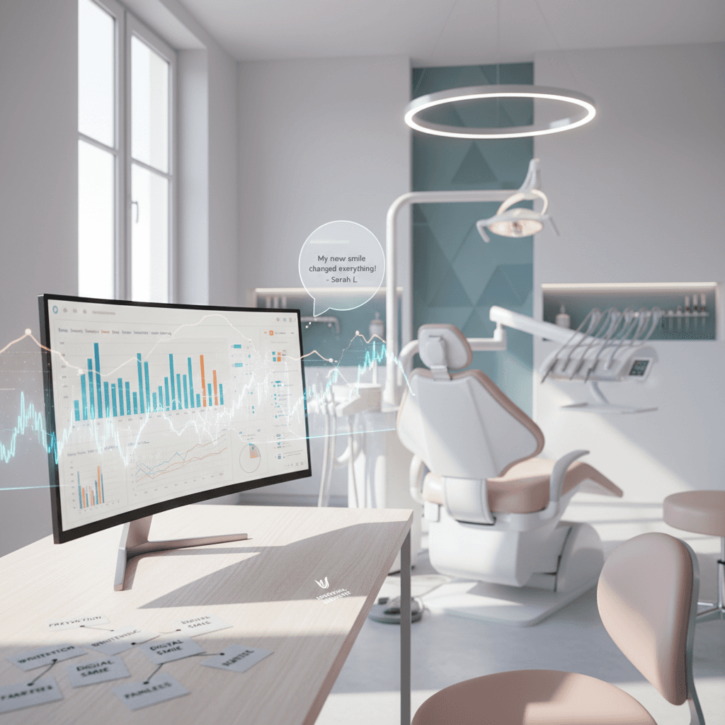 Modern dental workspace with data charts and a clinical treatment room in calming tones.