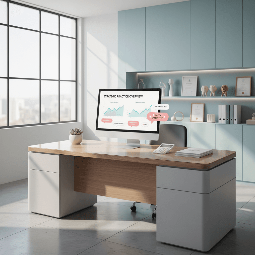 Modern dental workspace with digital dashboard and documents