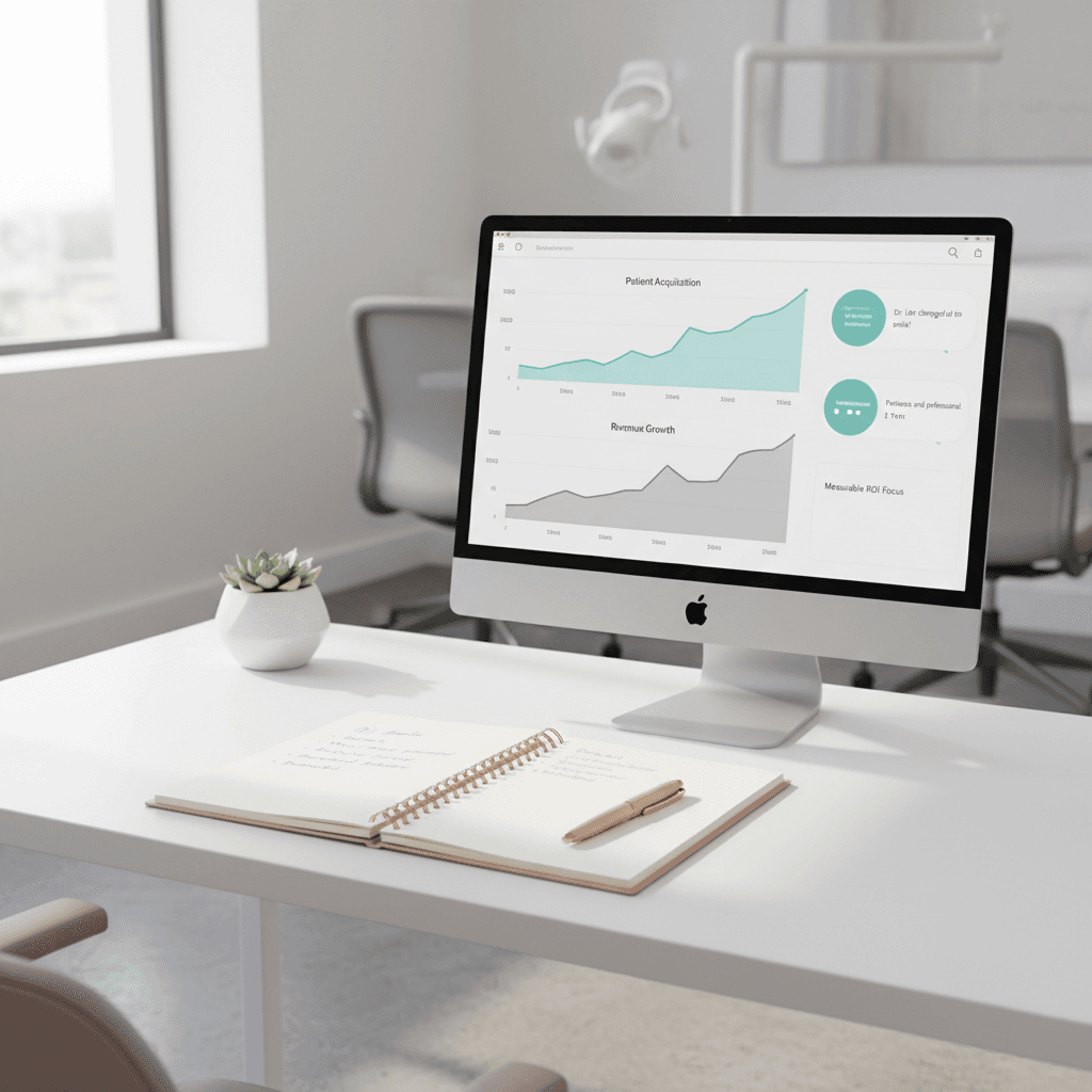 Modern dental workspace with digital dashboard, notes, and warm, clean environment.