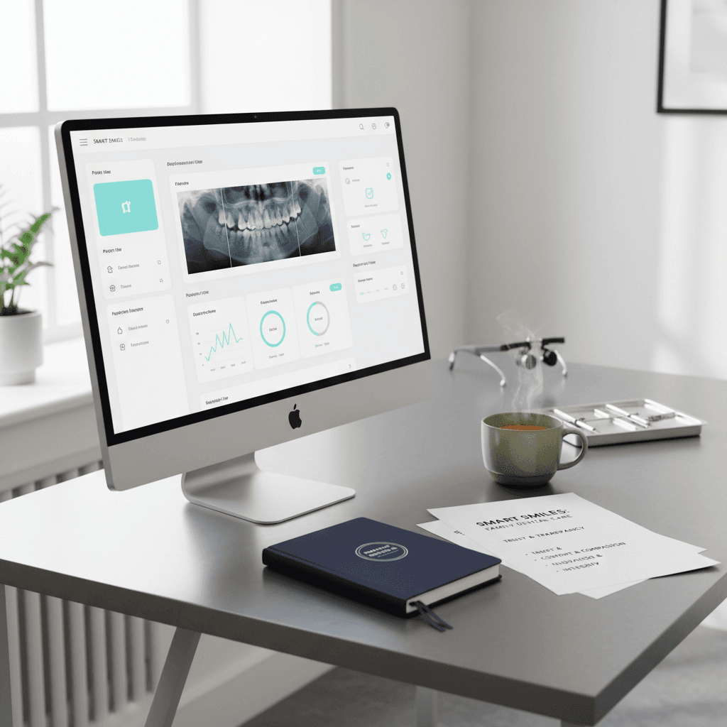 Modern dental workspace with digital dashboard, notebook, mug, and brand guidelines on desk.