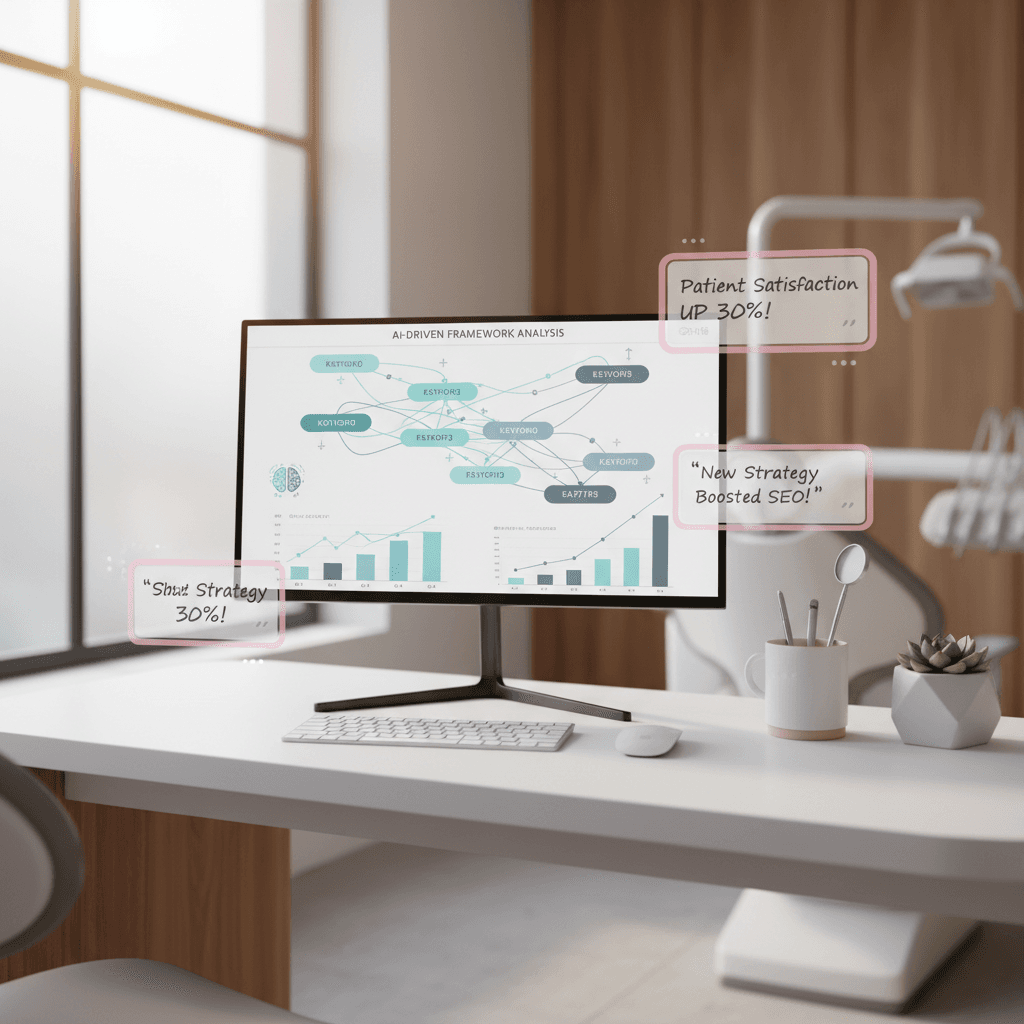 Modern dental workspace with digital dashboard, notes, and testimonials on white desk.