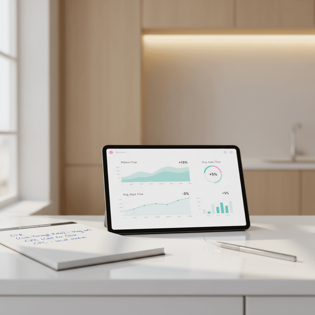Modern dental workspace with digital dashboard, notes, and dental tools in bright, warm-lit setting.