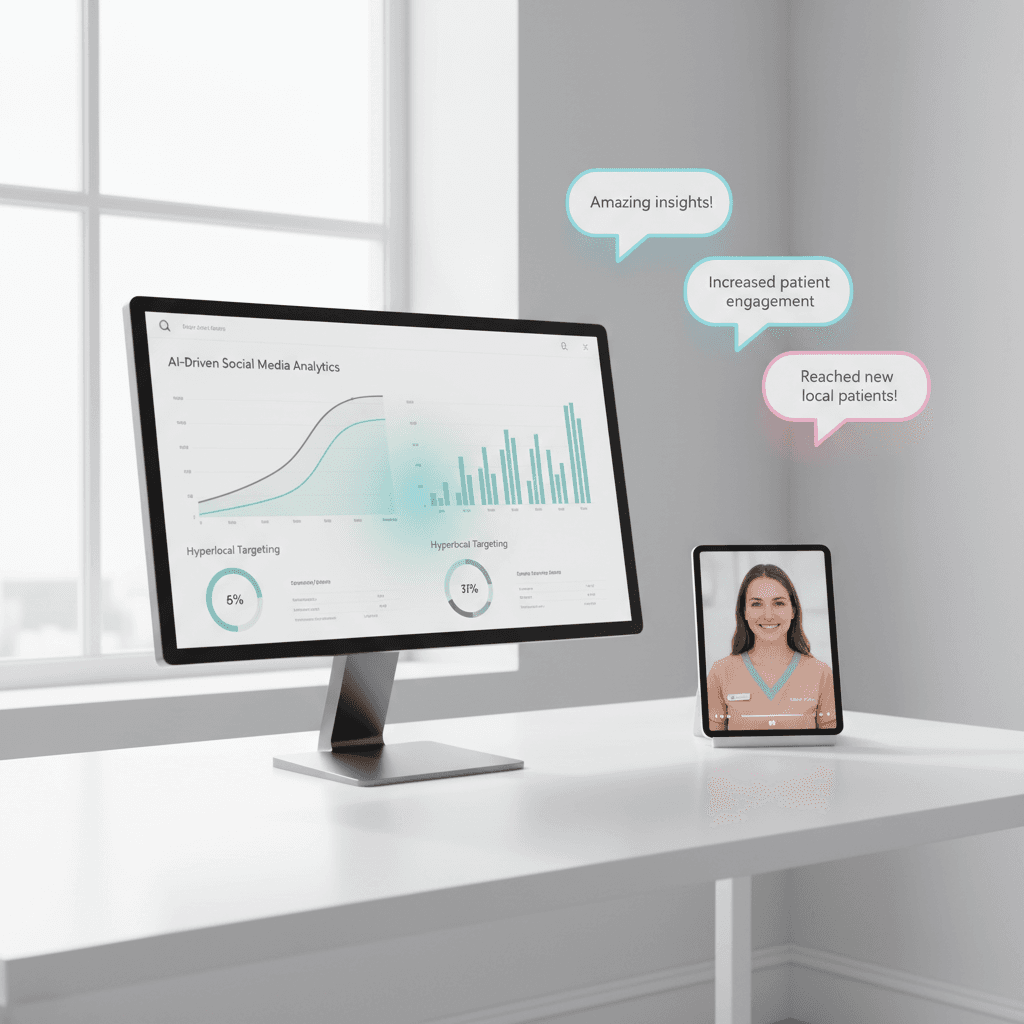 Modern dental workspace with digital dashboard, tablet showing dentist video, testimonial bubbles, and clean design.