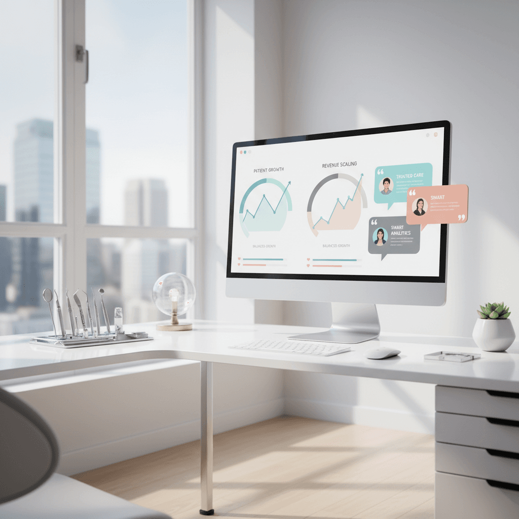 Modern dental workspace with digital dashboard, tools, and natural light in a professional setting.